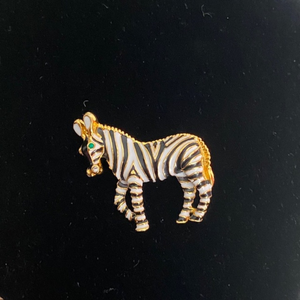 Vintage 1970's Jewelry Adorable Diamante & Enamel Figural Zebra Brooch